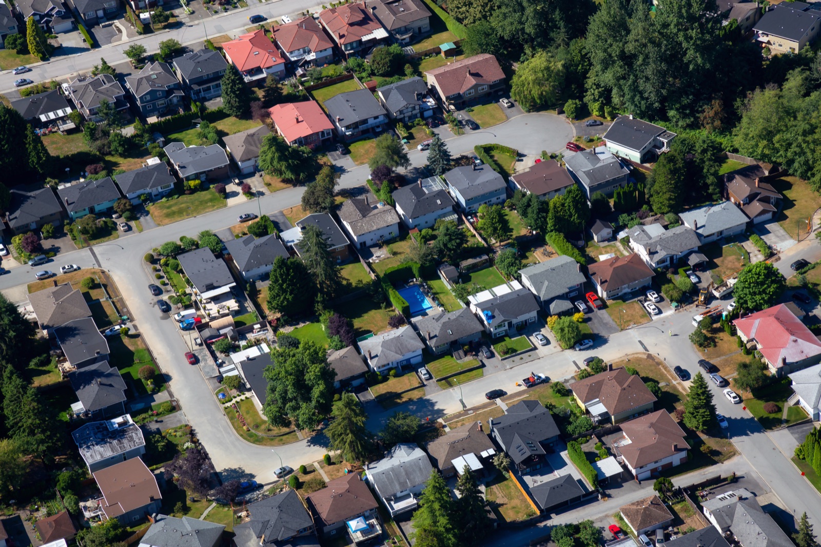 Aerial view of suburban residential homes
